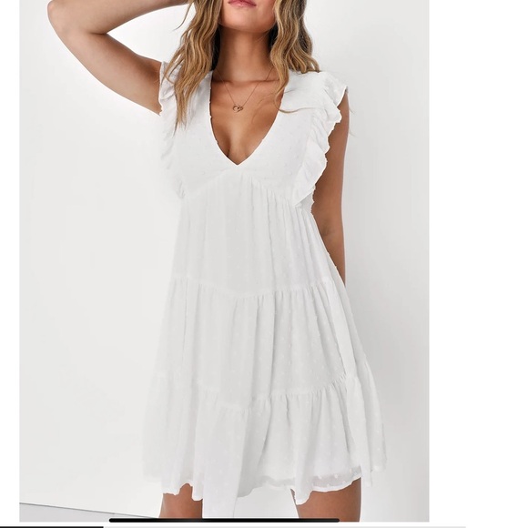 Lulus Dreamy Designs White Ruffled Tiered Swiss Dot Mini Dress S - Picture 3 of 11